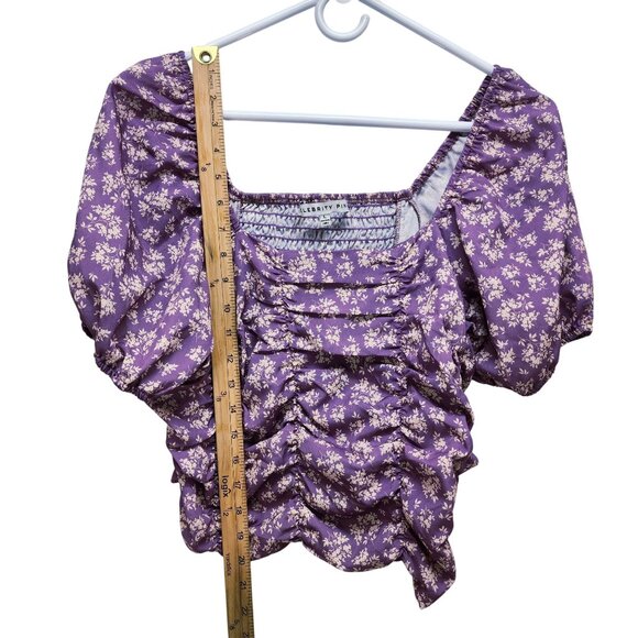 Celebrity Pink Womens Purple Puff Sleeve Ruched Top With Floral Print Size L - Picture 9 of 10